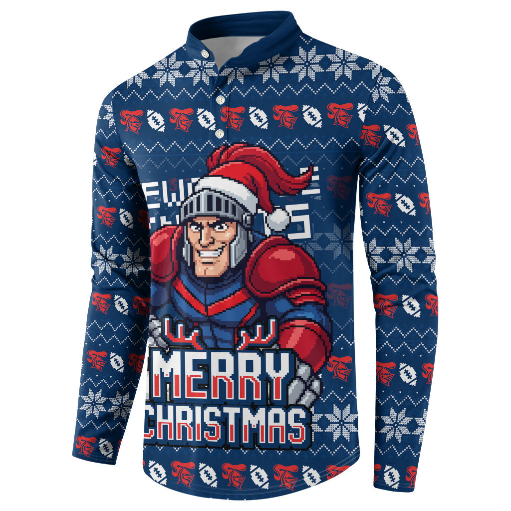 Personalized Newcastle Knights Christmas Button Sweatshirt Australian Rugby Fans - Pixelated Ugly Xmas Pattern Mascot Santa
