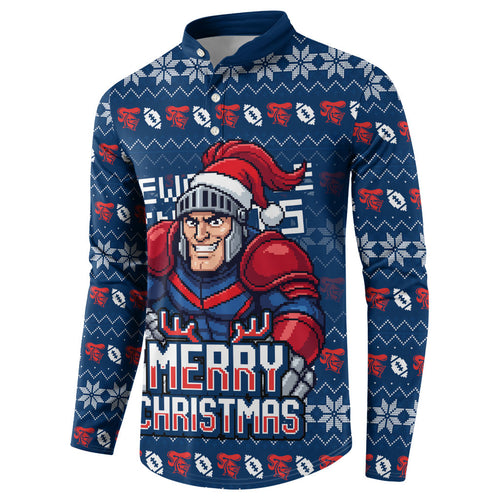 Personalized Newcastle Knights Christmas Button Sweatshirt Australian Rugby Fans - Pixelated Ugly Xmas Pattern Mascot Santa