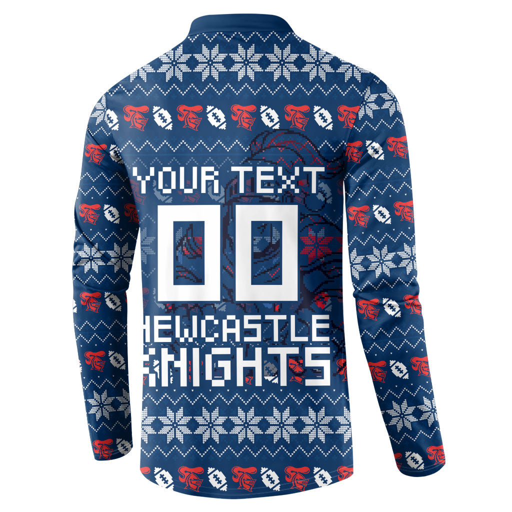 Personalized Newcastle Knights Christmas Button Sweatshirt Australian Rugby Fans - Pixelated Ugly Xmas Pattern Mascot Santa
