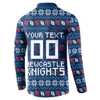 Personalized Newcastle Knights Christmas Button Sweatshirt Australian Rugby Fans - Pixelated Ugly Xmas Pattern Mascot Santa