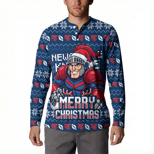 Personalized Newcastle Knights Christmas Button Sweatshirt Australian Rugby Fans - Pixelated Ugly Xmas Pattern Mascot Santa