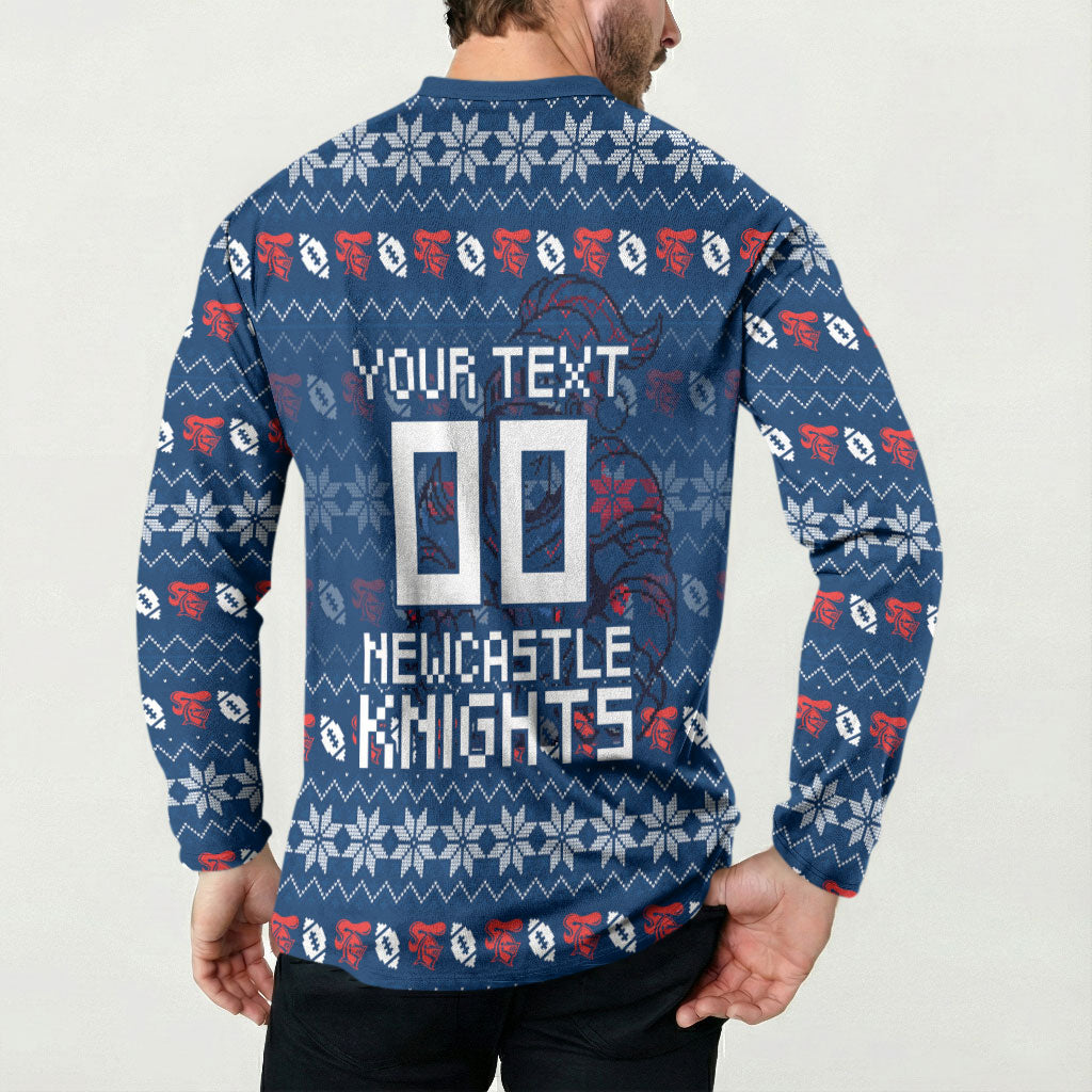 Personalized Newcastle Knights Christmas Button Sweatshirt Australian Rugby Fans - Pixelated Ugly Xmas Pattern Mascot Santa