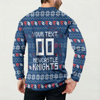 Personalized Newcastle Knights Christmas Button Sweatshirt Australian Rugby Fans - Pixelated Ugly Xmas Pattern Mascot Santa