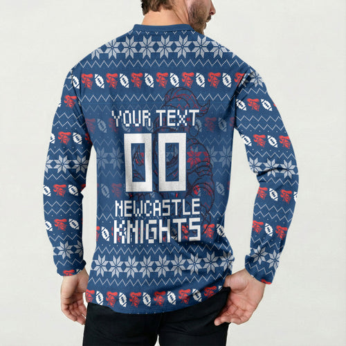 Personalized Newcastle Knights Christmas Button Sweatshirt Australian Rugby Fans - Pixelated Ugly Xmas Pattern Mascot Santa