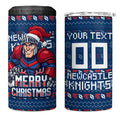 Personalized Newcastle Knights Christmas 4 in 1 Can Cooler Tumbler Australian Rugby Fans - Pixelated Ugly Xmas Pattern Mascot Santa