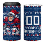 Personalized Newcastle Knights Christmas 4 in 1 Can Cooler Tumbler Australian Rugby Fans - Pixelated Ugly Xmas Pattern Mascot Santa