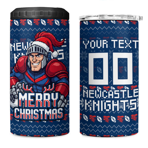 Personalized Newcastle Knights Christmas 4 in 1 Can Cooler Tumbler Australian Rugby Fans - Pixelated Ugly Xmas Pattern Mascot Santa