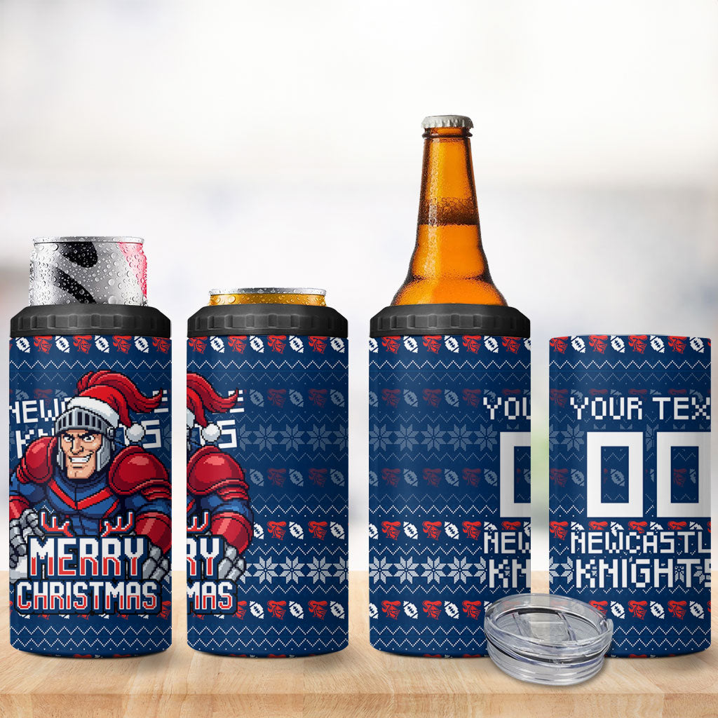 Personalized Newcastle Knights Christmas 4 in 1 Can Cooler Tumbler Australian Rugby Fans - Pixelated Ugly Xmas Pattern Mascot Santa
