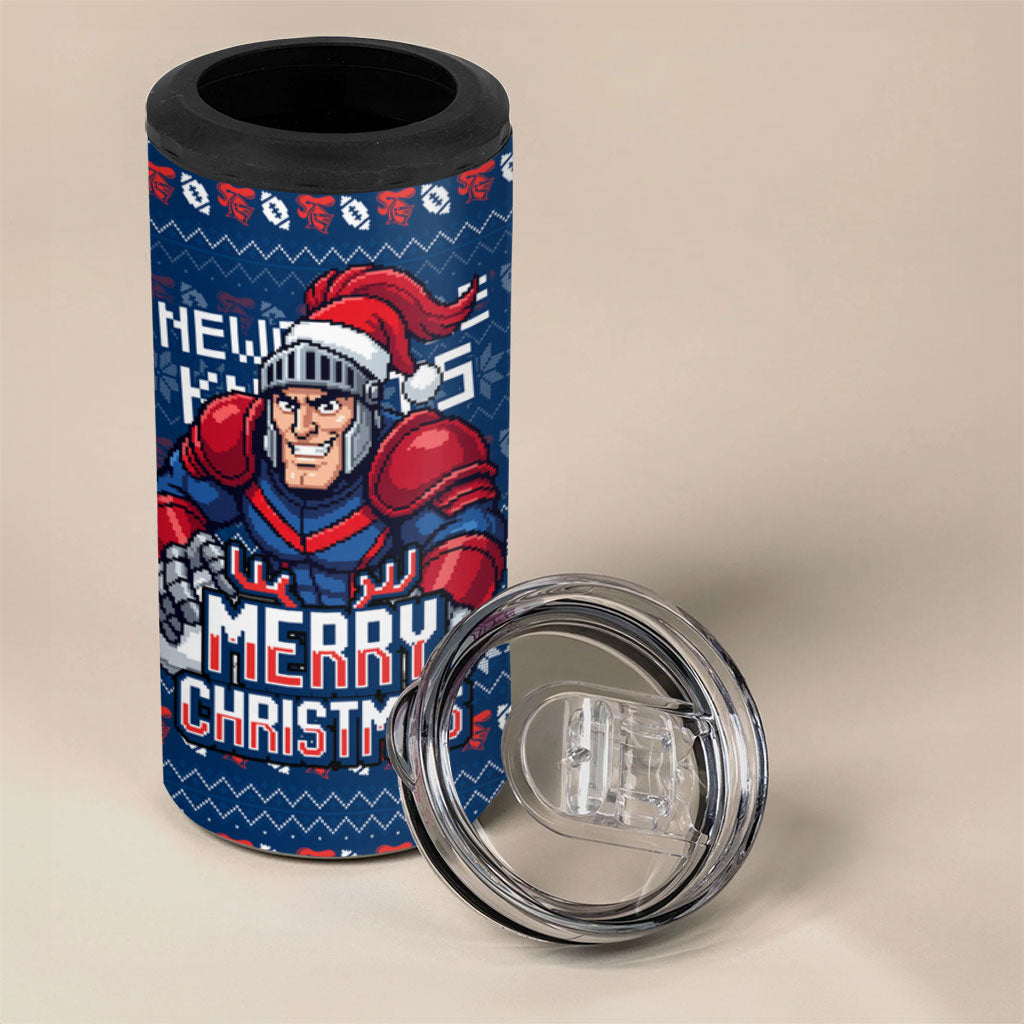 Personalized Newcastle Knights Christmas 4 in 1 Can Cooler Tumbler Australian Rugby Fans - Pixelated Ugly Xmas Pattern Mascot Santa