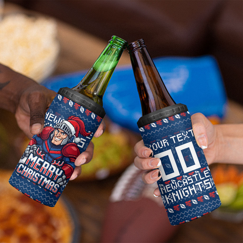 Personalized Newcastle Knights Christmas 4 in 1 Can Cooler Tumbler Australian Rugby Fans - Pixelated Ugly Xmas Pattern Mascot Santa