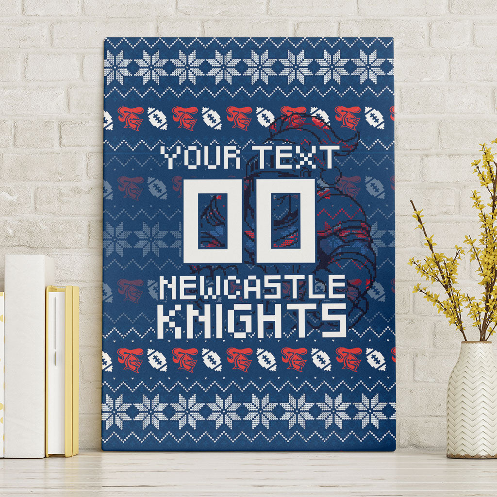 Personalized Newcastle Knights Christmas Canvas Wall Art Australian Rugby Fans - Pixelated Ugly Xmas Pattern Mascot Santa