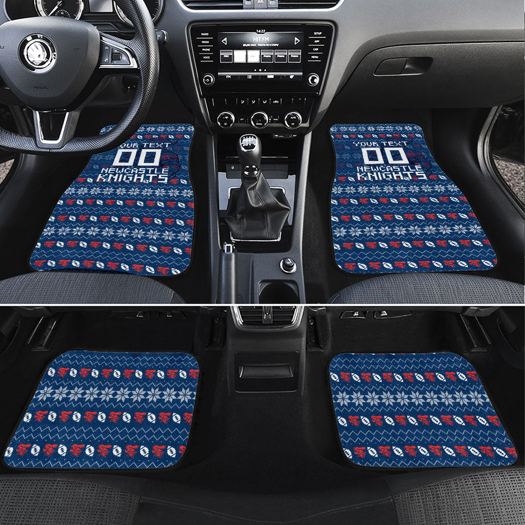 Personalized Newcastle Knights Christmas Car Mats Australian Rugby Fans - Pixelated Ugly Xmas Pattern Mascot Santa