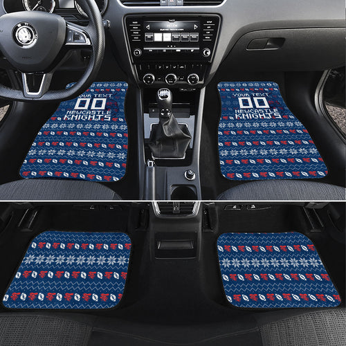 Personalized Newcastle Knights Christmas Car Mats Australian Rugby Fans - Pixelated Ugly Xmas Pattern Mascot Santa