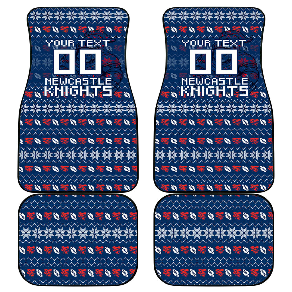 Personalized Newcastle Knights Christmas Car Mats Australian Rugby Fans - Pixelated Ugly Xmas Pattern Mascot Santa