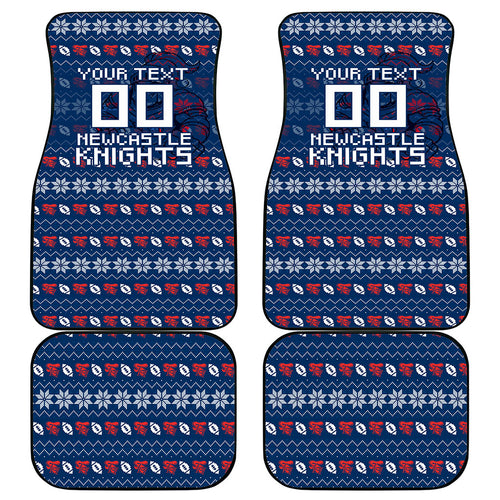 Personalized Newcastle Knights Christmas Car Mats Australian Rugby Fans - Pixelated Ugly Xmas Pattern Mascot Santa