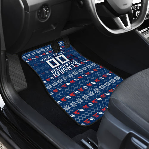 Personalized Newcastle Knights Christmas Car Mats Australian Rugby Fans - Pixelated Ugly Xmas Pattern Mascot Santa