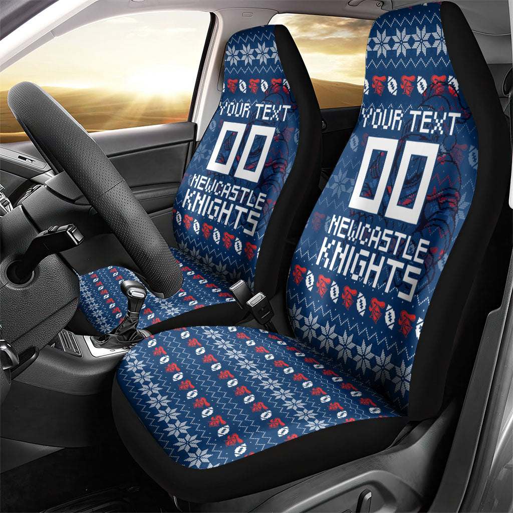 Personalized Newcastle Knights Christmas Car Seat Cover Australian Rugby Fans - Pixelated Ugly Xmas Pattern Mascot Santa
