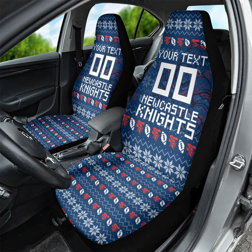 Personalized Newcastle Knights Christmas Car Seat Cover Australian Rugby Fans - Pixelated Ugly Xmas Pattern Mascot Santa
