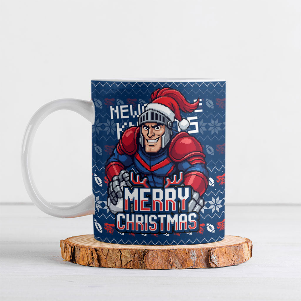 Personalized Newcastle Knights Christmas Ceramic Mug Australian Rugby Fans - Pixelated Ugly Xmas Pattern Mascot Santa