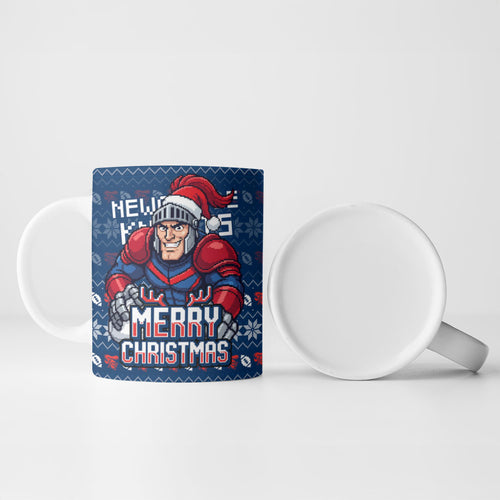 Personalized Newcastle Knights Christmas Ceramic Mug Australian Rugby Fans - Pixelated Ugly Xmas Pattern Mascot Santa
