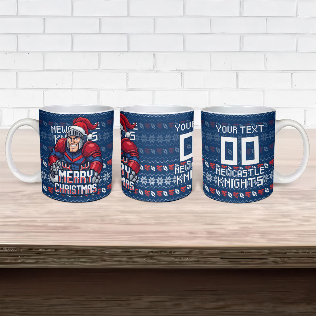 Personalized Newcastle Knights Christmas Ceramic Mug Australian Rugby Fans - Pixelated Ugly Xmas Pattern Mascot Santa