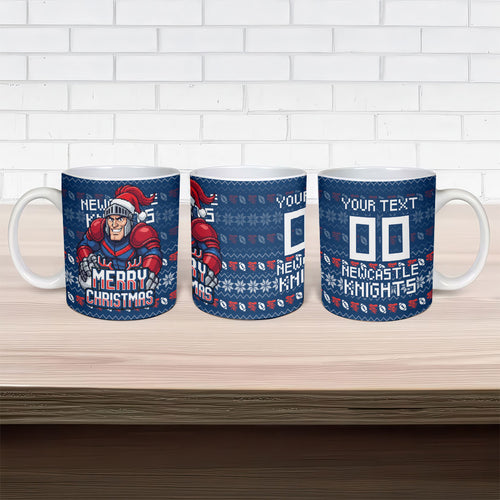 Personalized Newcastle Knights Christmas Ceramic Mug Australian Rugby Fans - Pixelated Ugly Xmas Pattern Mascot Santa