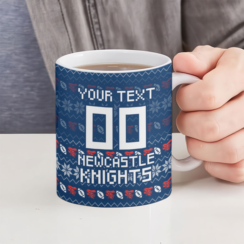 Personalized Newcastle Knights Christmas Ceramic Mug Australian Rugby Fans - Pixelated Ugly Xmas Pattern Mascot Santa