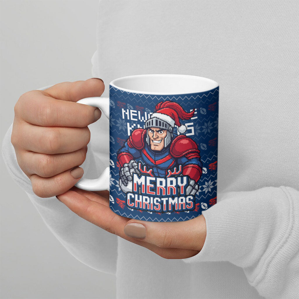 Personalized Newcastle Knights Christmas Ceramic Mug Australian Rugby Fans - Pixelated Ugly Xmas Pattern Mascot Santa