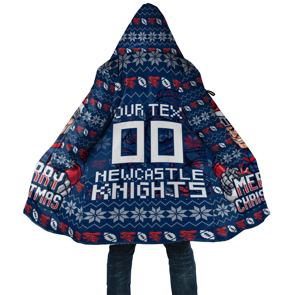 Personalized Newcastle Knights Christmas Cloak Australian Rugby Fans - Pixelated Ugly Xmas Pattern Mascot Santa