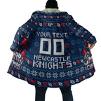 Personalized Newcastle Knights Christmas Cloak Australian Rugby Fans - Pixelated Ugly Xmas Pattern Mascot Santa