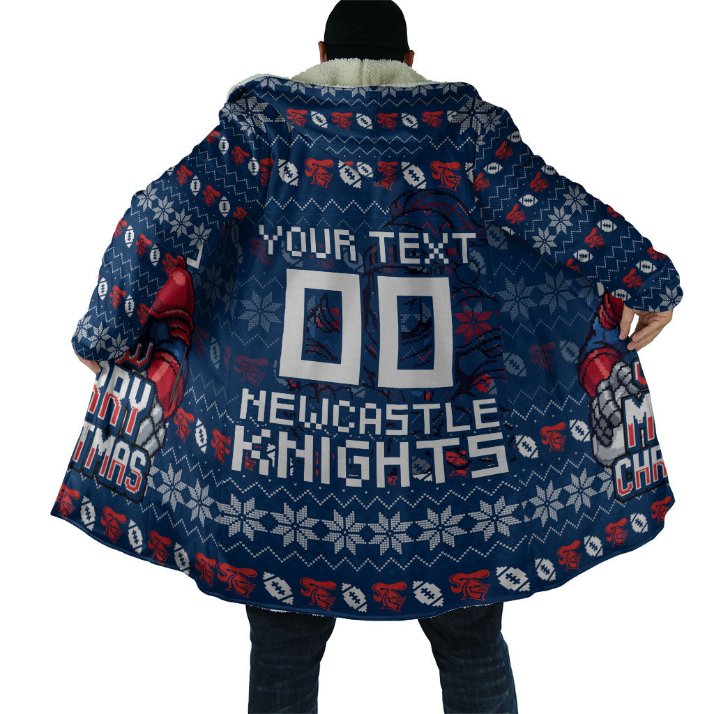 Personalized Newcastle Knights Christmas Cloak Australian Rugby Fans - Pixelated Ugly Xmas Pattern Mascot Santa