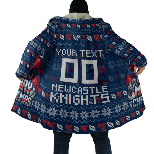 Personalized Newcastle Knights Christmas Cloak Australian Rugby Fans - Pixelated Ugly Xmas Pattern Mascot Santa