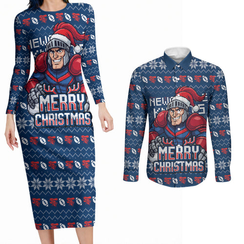 Personalized Newcastle Knights Christmas Couples Matching Long Sleeve Bodycon Dress and Long Sleeve Button Shirt Australian Rugby Fans - Pixelated Ugly Xmas Pattern Mascot Santa