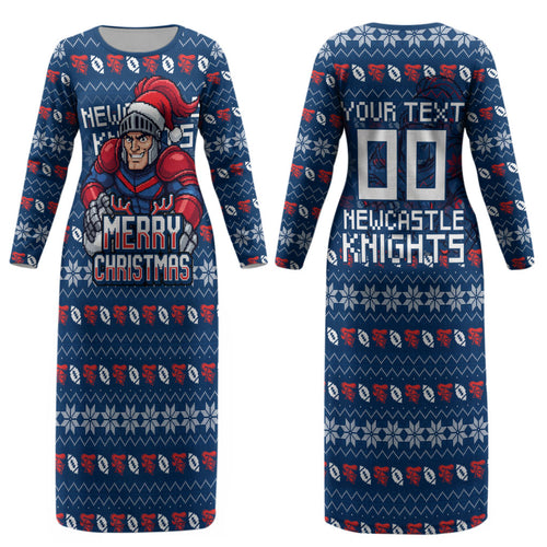 Personalized Newcastle Knights Christmas Couples Matching Long Sleeve Bodycon Dress and Long Sleeve Button Shirt Australian Rugby Fans - Pixelated Ugly Xmas Pattern Mascot Santa