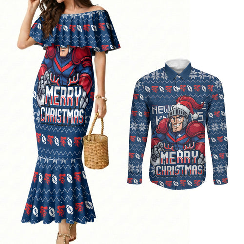 Personalized Newcastle Knights Christmas Couples Matching Mermaid Dress and Long Sleeve Button Shirt Australian Rugby Fans - Pixelated Ugly Xmas Pattern Mascot Santa