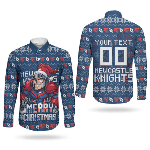 Personalized Newcastle Knights Christmas Couples Matching Mermaid Dress and Long Sleeve Button Shirt Australian Rugby Fans - Pixelated Ugly Xmas Pattern Mascot Santa
