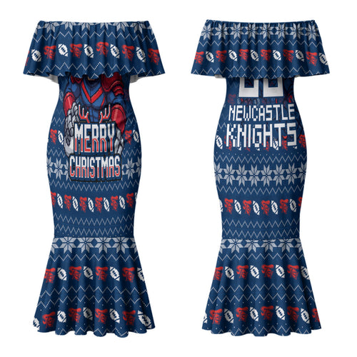 Personalized Newcastle Knights Christmas Couples Matching Mermaid Dress and Long Sleeve Button Shirt Australian Rugby Fans - Pixelated Ugly Xmas Pattern Mascot Santa