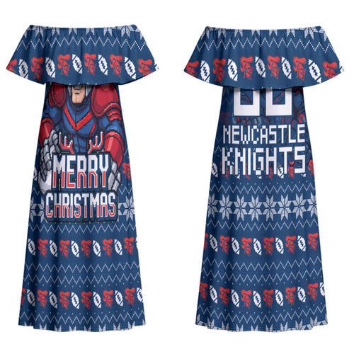 Personalized Newcastle Knights Christmas Couples Matching Off Shoulder Maxi Dress and Hawaiian Shirt Australian Rugby Fans - Pixelated Ugly Xmas Pattern Mascot Santa