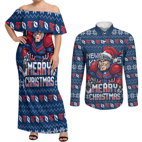 Personalized Newcastle Knights Christmas Couples Matching Off Shoulder Maxi Dress and Long Sleeve Button Shirt Australian Rugby Fans - Pixelated Ugly Xmas Pattern Mascot Santa