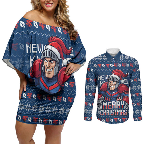 Personalized Newcastle Knights Christmas Couples Matching Off Shoulder Short Dress and Long Sleeve Button Shirt Australian Rugby Fans - Pixelated Ugly Xmas Pattern Mascot Santa