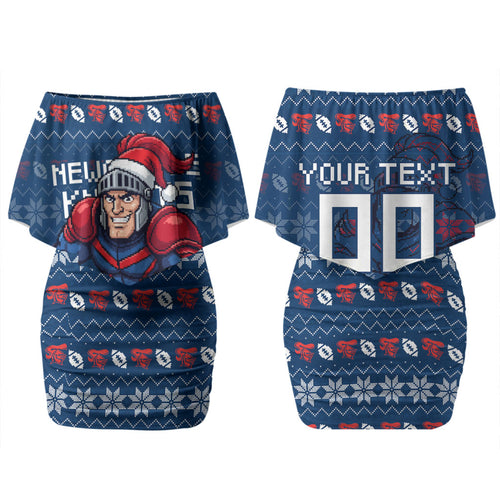 Personalized Newcastle Knights Christmas Couples Matching Off Shoulder Short Dress and Long Sleeve Button Shirt Australian Rugby Fans - Pixelated Ugly Xmas Pattern Mascot Santa