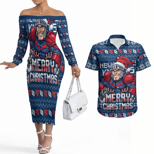 Personalized Newcastle Knights Christmas Couples Matching Off The Shoulder Long Sleeve Dress and Hawaiian Shirt Australian Rugby Fans - Pixelated Ugly Xmas Pattern Mascot Santa