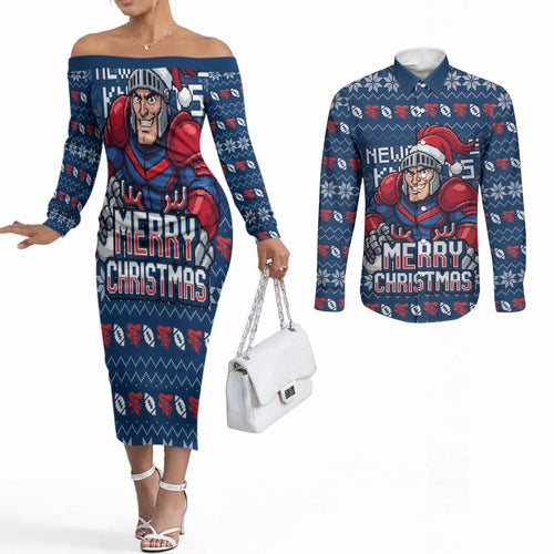 Personalized Newcastle Knights Christmas Couples Matching Off The Shoulder Long Sleeve Dress and Long Sleeve Button Shirt Australian Rugby Fans - Pixelated Ugly Xmas Pattern Mascot Santa