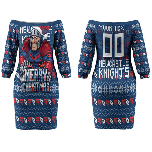 Personalized Newcastle Knights Christmas Couples Matching Off The Shoulder Long Sleeve Dress and Long Sleeve Button Shirt Australian Rugby Fans - Pixelated Ugly Xmas Pattern Mascot Santa