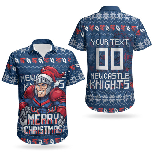 Personalized Newcastle Knights Christmas Couples Matching Puletasi and Hawaiian Shirt Australian Rugby Fans - Pixelated Ugly Xmas Pattern Mascot Santa