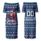 Personalized Newcastle Knights Christmas Couples Matching Puletasi and Hawaiian Shirt Australian Rugby Fans - Pixelated Ugly Xmas Pattern Mascot Santa