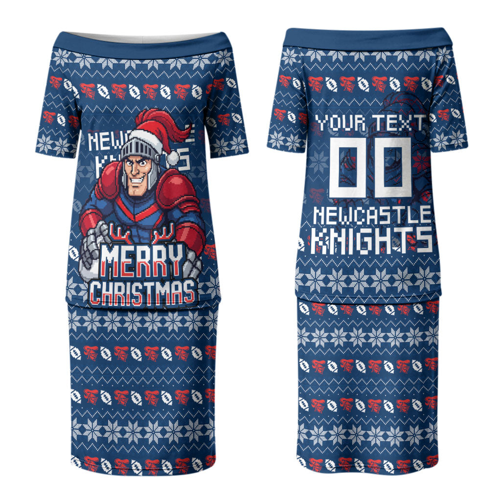Personalized Newcastle Knights Christmas Couples Matching Puletasi and Hawaiian Shirt Australian Rugby Fans - Pixelated Ugly Xmas Pattern Mascot Santa