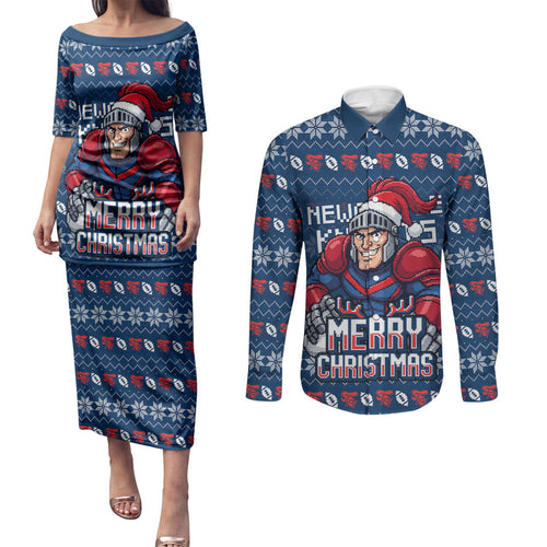 Personalized Newcastle Knights Christmas Couples Matching Puletasi and Long Sleeve Button Shirt Australian Rugby Fans - Pixelated Ugly Xmas Pattern Mascot Santa