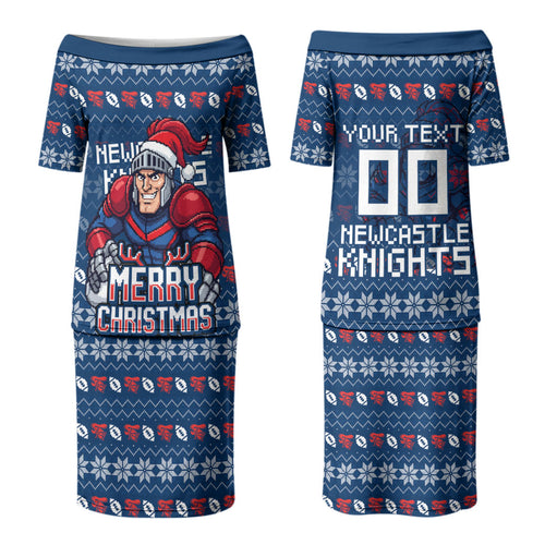 Personalized Newcastle Knights Christmas Couples Matching Puletasi and Long Sleeve Button Shirt Australian Rugby Fans - Pixelated Ugly Xmas Pattern Mascot Santa