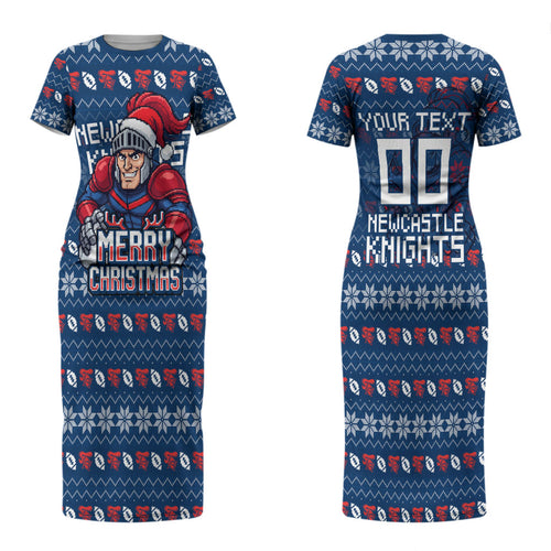 Personalized Newcastle Knights Christmas Couples Matching Short Sleeve Bodycon Dress and Long Sleeve Button Shirt Australian Rugby Fans - Pixelated Ugly Xmas Pattern Mascot Santa
